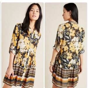 Anthropologie BLNK LONDON Hadley Tiered Button Front Dress Yellow‎ Black Small